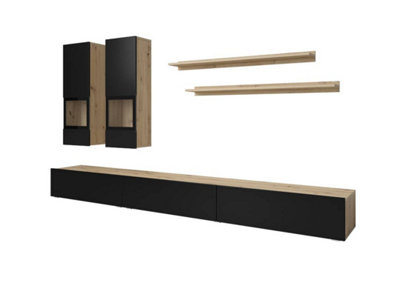 Baros Modern Entertainment Unit for TVs Up to 75" in Black Matt & Oak Artisan - W2700mm x H1260mm x D410mm