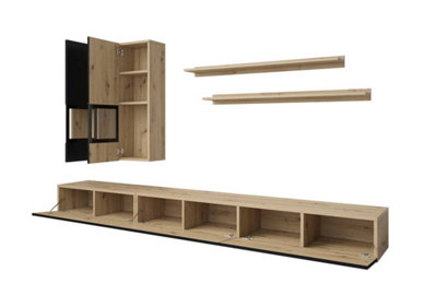 Baros Modern Entertainment Unit for TVs Up to 75" in Black Matt & Oak Artisan - W2700mm x H1260mm x D410mm