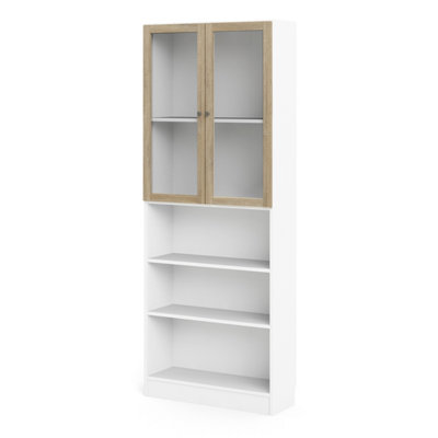 Basic Tall Wide Display Cabinet in White (4 Shelves) with 2 Glass Oak Doors