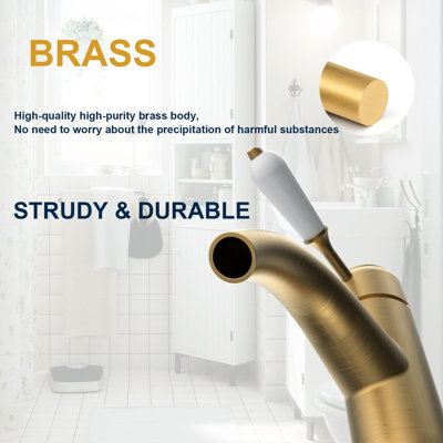 Basin Mixer Tap Gold Bathroom Sink Taps Single Lever with UK Standard Hot and Cold Hoses Modern Bathroom Washroom Cloakroom Faucet