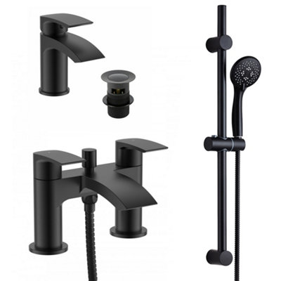 Basin Mono & Bath Shower Mixer Tap & Shower Slider Rail Kit Matt Black Bathroom Taps