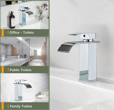 Basin Tap Silver Modern Waterfall Bathroom Sink Faucet with Single Handle