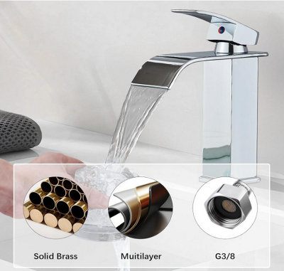 Basin Tap Silver Modern Waterfall Bathroom Sink Faucet with Single Handle