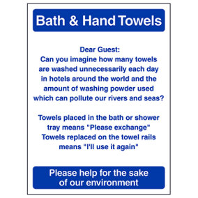 Bath & Hand Towels Bathroom Guest Sign - Rigid Plastic 200x300mm (x3)