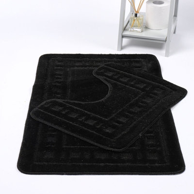 Bath Mat & Pedestal Set 2 Piece Diem Squares Black Non Slip Bathroom ...