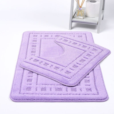 Bath Mat & Pedestal Set 2 Piece Lilac Squares Black Non Slip Bathroom Toilet Rug Bath Mats Set