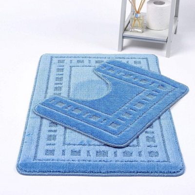 Bath Mat & Pedestal Set 2 Piece Mid Blue Squares Black Non Slip Bathroom Toilet Rug Bath Mats