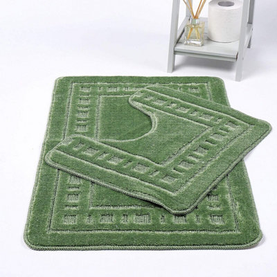 Bath Mat & Pedestal Set 2 Piece Sage Green Squares Black Non Slip