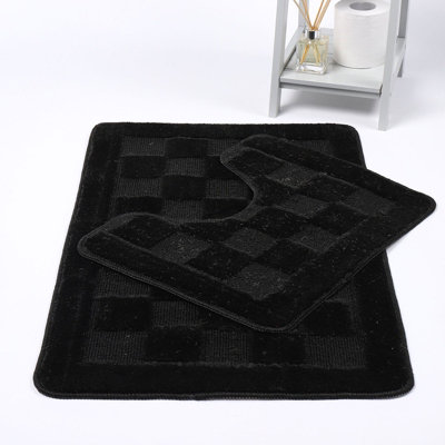 Bath Mat & Pedestal Set 2 Piece Squares Black Non Slip Bathroom Toilet