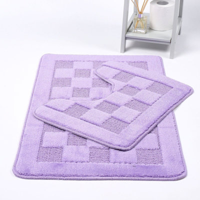 Bath Mat & Pedestal Set 2 Piece Squares Lilac Non Slip Bathroom Toilet