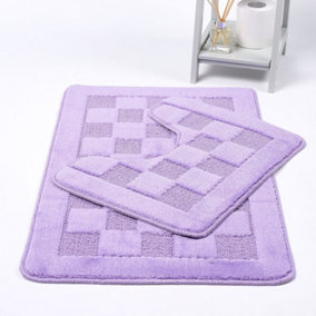 Bath Mat & Pedestal Set 2 Piece Squares Lilac Non Slip Bathroom Toilet Rug Bath Mats Set