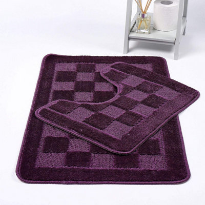 Bath Mat & Pedestal Set 2 Piece Squares Plum Non Slip Bathroom Toilet