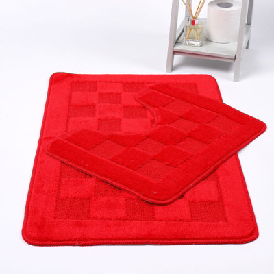 Bath Mat & Pedestal Set 2 Piece Squares Red Non Slip Bathroom