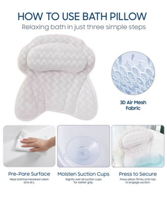 Bath Pillow - Bath and Spa Head Rest with Suction Cups - 4D Bath Cushion Bathing Pillow - Provides support & comfort, Fits Any Tub