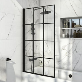 Bath Shower Over Bath Screen 780mm Framed Black Grid Square Safety Glass Panel