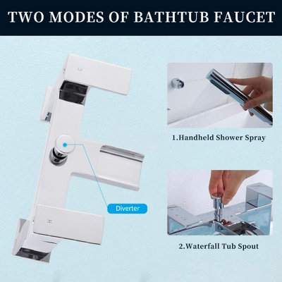 Bath tap with Shower Waterfall Bath Shower Filler Mixer Tub Tap Double Lever Chrome Solid Brass ...