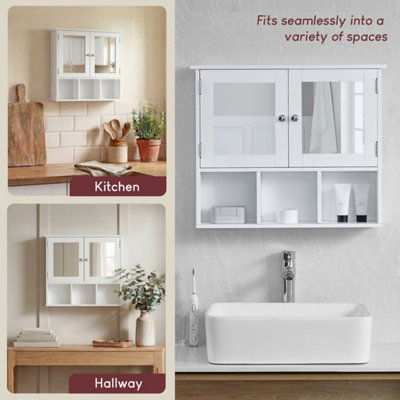 Priano Meuble de Salle de Bain avec Miroir, Double Porte, Meuble de Rangement Mural, Blanc, H 58