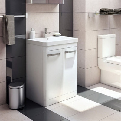 Bathroom 2-Door Floor Standing Vanity Unit with Basin 600mm Wide White 1 Tap Hole - White Gloss - Brassware Not Included