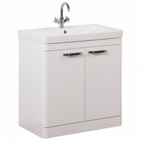 Bathroom 2-Door Floor Standing Vanity Unit with Basin 800mm Wide White 1 Tap Hole - White Gloss - Brassware Not Included