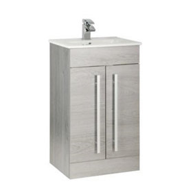 Bathroom 2-Door Floor Standing Vanity Unit with Ceramic Basin 500mm Wide - Silver Oak  - Brassware Not Included