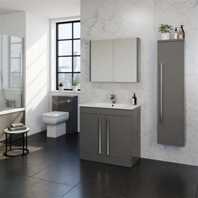 Bathroom 2 Door Floor Standing Vanity Unit with Ceramic Basin 600mm Wide - Storm Grey Gloss  - Brassware Not Included