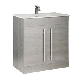 Bathroom 2-Door Floor Standing Vanity Unit with Ceramic Basin 800mm Wide - Silver Oak  - Brassware Not Included