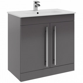 Bathroom 2-Door Floor Standing Vanity Unit with Ceramic Basin 800mm Wide - Storm Grey Gloss  - Brassware Not Included