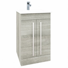 Bathroom 2-Door Floor Standing Vanity Unit with Mid Depth Ceramic Basin 500mm Wide - Silver Oak  - Brassware Not Included