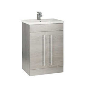 Bathroom 2-Door Floor Standing Vanity Unit with Mid Depth Ceramic Basin 600mm Wide - Silver Oak  - Brassware Not Included