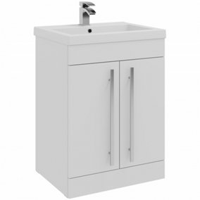 Bathroom 2-Door Floor Standing Vanity Unit with Mid Depth Ceramic Basin 600mm Wide - White  - Brassware Not Included