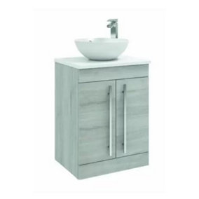 Bathroom 2-Door Floor Standing Vanity Unit with Sit-On Basin and Worktop 600mm Wide - Silver Oak  - Brassware Not Included