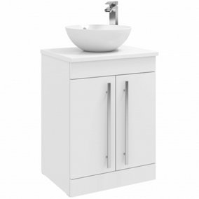 Bathroom 2-Door Floor Standing Vanity Unit with Sit-On Basin and Worktop 600mm Wide - White  - Brassware Not Included