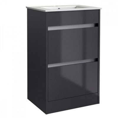 Bathroom 2-Drawer Floor Standing Vanity Unit with Basin 500mm Wide - Storm Grey Gloss (Urban) - Brassware Not Included