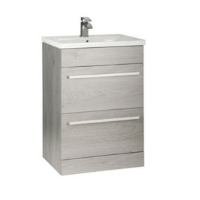 Bathroom 2 Drawer Floor Standing Vanity Unit with Basin 600mm Wide - Silver Oak  - Brassware Not Included