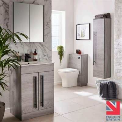 Bathroom 2 Drawer Floor Standing Vanity Unit with Basin 600mm Wide - Silver Oak  - Brassware Not Included