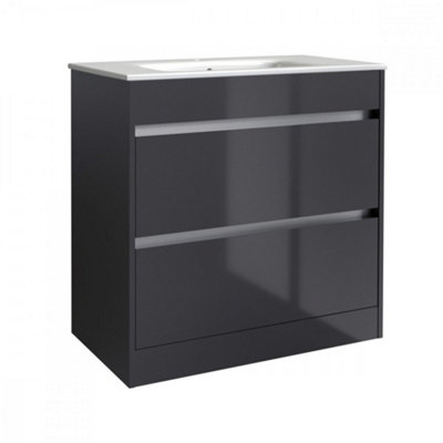 Bathroom 2-Drawer Floor Standing Vanity Unit with Basin 600mm Wide - Storm Grey Gloss - (Urban) - Brassware Not Included