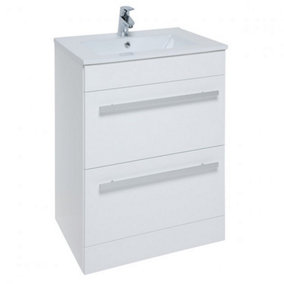 Bathroom 2 Drawer Floor Standing Vanity Unit with Basin 600mm Wide - White  - Brassware Not Included