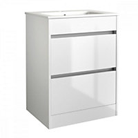 Bathroom 2-Drawer Floor Standing Vanity Unit with Basin 600mm Wide - White - (Urban) - Brassware Not Included