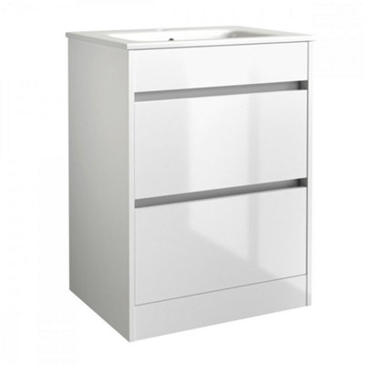 Bathroom 2-Drawer Floor Standing Vanity Unit with Basin 600mm Wide - White - (Urban) - Brassware Not Included