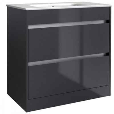 Bathroom 2-Drawer Floor Standing Vanity Unit with Basin 800mm Wide - Storm Grey Gloss - (Urban) - Brassware Not Included