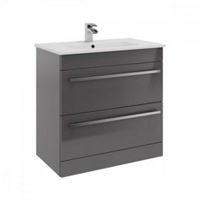 Bathroom 2-Drawer Floor Standing Vanity Unit with Ceramic Basin 800mm Wide - Storm Grey Gloss  - Brassware Not Included