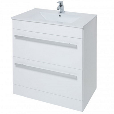 Bathroom 2-Drawer Floor Standing Vanity Unit with Ceramic Basin 800mm Wide - White  - Brassware Not Included