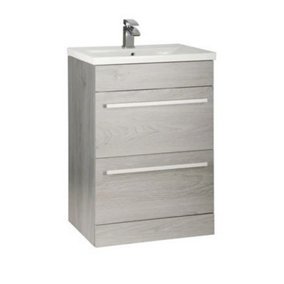 Bathroom 2-Drawer Floor Standing Vanity Unit with Mid Depth Ceramic Basin 600mm Wide - Silver Oak  - Brassware Not Included
