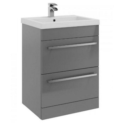 Bathroom 2-Drawer Floor Standing Vanity Unit with Mid Depth Ceramic Basin 600mm Wide - Storm Grey Gloss  - Brassware Not Included