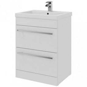 Bathroom 2-Drawer Floor Standing Vanity Unit with Mid Depth Ceramic Basin 600mm Wide - White  - Brassware Not Included