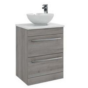 Bathroom 2-Drawer Floor Standing Vanity Unit with Sit-On Basin and Worktop 600mm Wide - Silver Oak  - Brassware Not Included