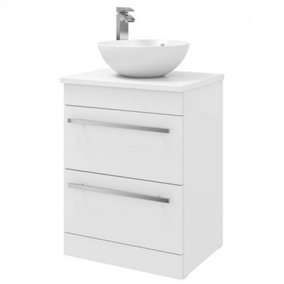 Bathroom 2-Drawer Floor Standing Vanity Unit with Sit-On Basin and Worktop 600mm Wide - White  - Brassware Not Included