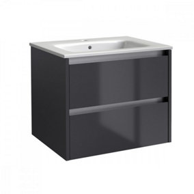 Bathroom 2-Drawer Wall Hung Vanity Unit with Basin 600mm Wide - Storm Grey Gloss - (Urban) - Brassware Not Included