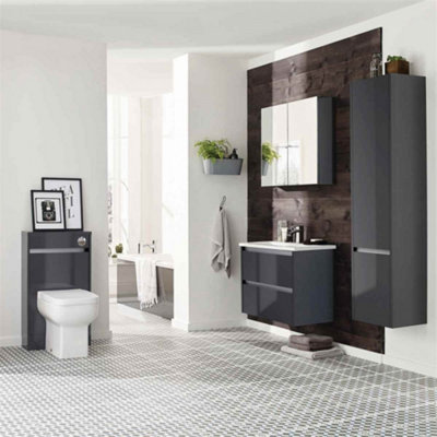 Bathroom 2-Drawer Wall Hung Vanity Unit with Basin 600mm Wide - Storm Grey Gloss - (Urban) - Brassware Not Included