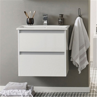 Bathroom 2-Drawer Wall Hung Vanity Unit with Basin 600mm Wide - White - (Urban) - Brassware Not Included